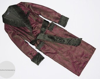 Burgundy Silk Velvet Men's Dressing Gown Quilted Collar Extra Long Big Warm Lined English Gentleman Robe Smoking Jacket Traditional Elegant