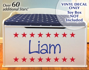 Personalized Toy Chest Vinyl Decal, Childs Custom Name Toy Box Decal Patriotic Stars, Red White Blue or any Color