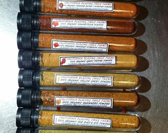 100% Organic Carolina Reaper, Moruga Scorpion, Scorpion Butch T, Ghost pepper Vials perfect for all gifts. California Blazing Chile Farms