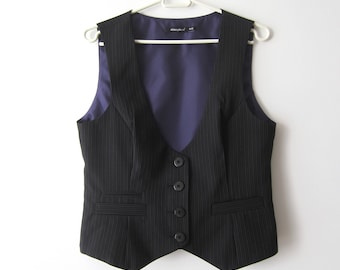Black Waistcoat Women's Striped Vest Fitted Formal Waistcoat Secretary Elegant Vest Black Striped Vest Large Size Vest