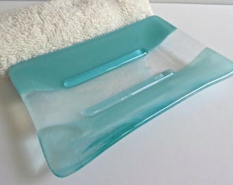 Large Fused Glass Soap Dish in Aqua, Turquoise and White by BPRDesigns