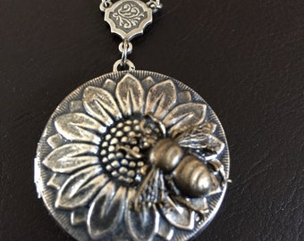 Bumble bee locket necklace, bee gift, bee jewelry, sunflower necklace, country gift