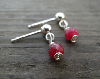 Valentines gift SALE Silver Stud Earrings, July Birthstone, Genuine Ruby Stud Earrings, Dangle Ruby Post Earrings, Minimalist Jewelry