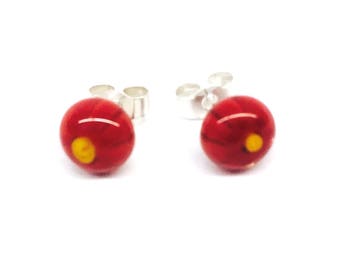 Murano Glass Millefiori Stud Earrings - Red and Yellow Flower on Sterling Silver Stud Post