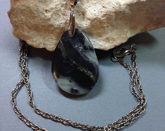 Amazonite Pendant Black with Light Green Swirls on Long Antique Silver Chain Previously 35 Dollars ON SALE