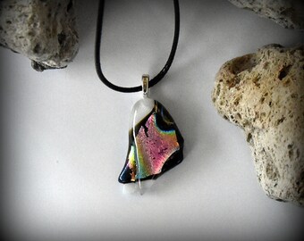 Dichroic Glass pendant with Rainbow motif/glass gem/t-fuse