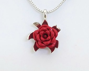 Sterling Silver Monarch Rose Red, Women Necklace Pendant With 18" Chain By Colorized Jewelry