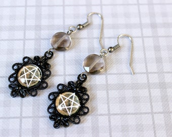 Earth Pentacle Cabochon Earrings with Smoky Quartz Beads - Victorian Vintage Style Halloween Goth Witchy