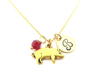 Pig Necklace - Gold Initial Necklace - Birthstone Necklace - Gold Initial Disc Necklace - Personalized Necklace - Pig Charm - Gift for Her