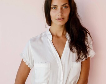 Maggie Pajama Set - BRIDAL - Plain Ivory with Cotton Lace Daisy Trim - Code P043 / P005