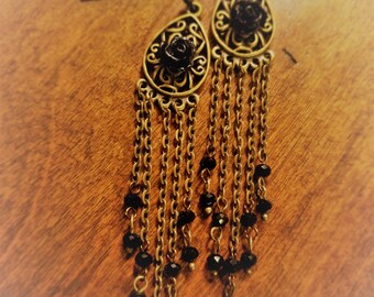 Antique Gold and Black Beaded Chandelier Earrings