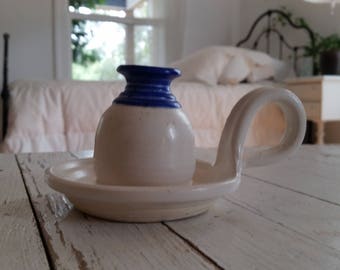 Vintage Pottery Candle Holder In Blue& White