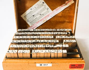 Vintage alphabet letter stamps: Rubber stamp set sans-serif font characters - Complete typesetter collection, numbers + punctuation marks