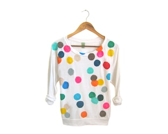 Colorful Confetti Sweatshirt - Oversized Lightweight Jersey Pullover Sweater in Heather Oatmeal & Rainbow Dots - Women's Size S-2XL