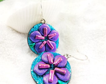Dichroic earrings, Sakura blossom earrings, Hana Sakura, Glass fusion, flower jewelry, Cherry Blossom Jewelry, Fused glass jewelry, handmade