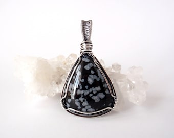 Snowflake Obsidian Pendant ~ Hand-cut Natural Monochrome Stone ~ Handcrafted with Eco-Friendly Recycled Sterling Silver ~ Guitar Pick Shape