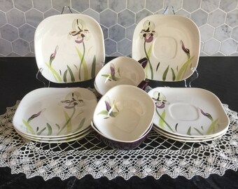Red Wing Iris Dessert Set Vintage Dishes Vintage Dessert Set of 4 1940s Red Wing Dishes Pottery Aubergine Dishes Vintage Kitchen Kitchenware