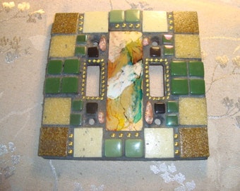 MOSAIC LIGHT SWITCH Plate, Double, Wall Art, Wall Plate, Home Decor, Green, Brown, Beige, Gold, Earth Tones