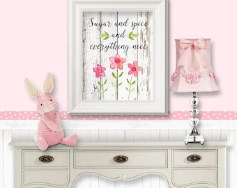 Sugar and Spice and Everything Nice - old white wood, pink flowers, nursery art, little girl room, HC 12