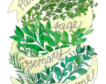 Parsley Sage Rosemary & Thyme / Simon and Garfunkel, "Scarborough Fair" / Herb Illustrated Watercolor Art Print