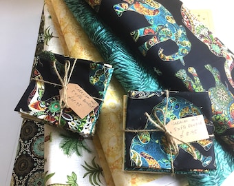 Black Elephant Fat Quarter bundle, quilting fabric bundle, palm tree fabric, fat quarters, small elephant fabric, palm leaf