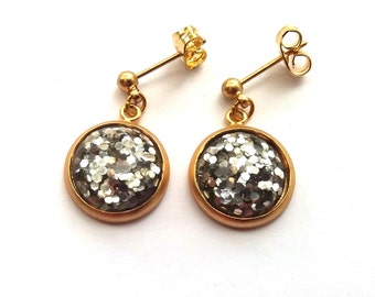 Silver Glitter Earrings in Matte Gold, Silver Glitter Cabochons, Gold Earrings, Stud and Drop Earrings