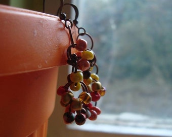 Handmade cluster earrings in autumn colored beads, autumn earrings, autumn colors, autumn jewelry, cluster jewelry