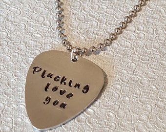 Hand stamped Guitar Pick pendant necklace | birthday gift | rock music | Choose you own text | silver | leather | Dad rocks | chain | music