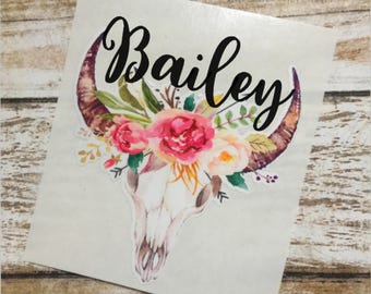 Steer Skull Floral Decal | Watercolor Flowers | Cow Skull | Bull skull | Tumbler Decal | Tribal Skull | Vinyl Decal | Monogram Decal
