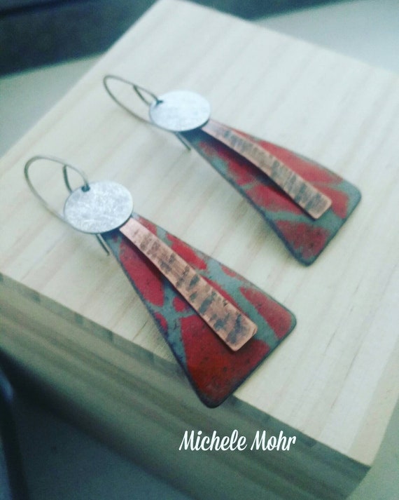 Slate Gray and Fire Orange Enamel Mixed Metal Earrings with Oxidizing Sterling Silver Ear Wires
