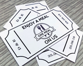 50 Personalised Meal Tickets - White Coupons Wedding Tokens Party Cards Vintage Custom Chic Sweet 16 Parlour Food Voucher Truck Bar