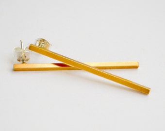 Long Gold Bars - Gold Minimalist Drop Earrings - Simple Long Square Bar Studs - Gold Dangle Ear Bar - Brutalist Line Studs - Hook and Matter
