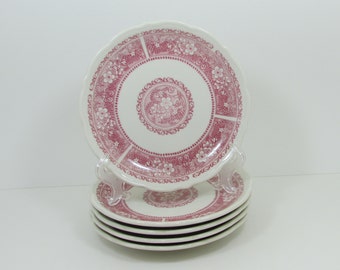 Syracuse China Red and White Strawberry Hill Pattern Vintage Restaurant Ware China, 7.5" Lunch Dessert Plates, Set of 5, Shabby Cottage Chic