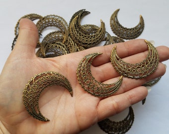 Wholesale Vintage Brass, Antique Bronze, Brass Charms, Large Filigree Crescent Moon Pendant, Antiqued Brass Crescent Moon, Filigree Brass