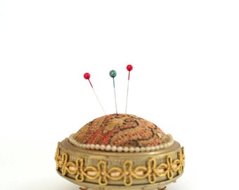 Vintage Pincushion, Tapestry Pincushion, Gold Pincushion, Fabric Pincushion, Jar Lid Pincushion, Vintage Sewing Supplies Gift for Seamstress