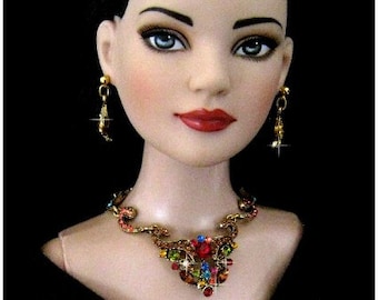 Doll jewelry for Tonner American Model, BJD, and other 22” fashion dolls by SohoDolls, Multi Rhinestone necklace and earrings