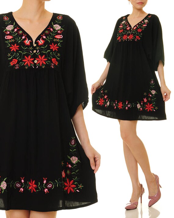 Embroidery Tunic Top Mexican Embroidered Dress Black - Embroidery Tunic Top Mexican Embroidered Dress Black