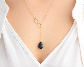 24k Gold Double Infinity Lariat, Essential Oil Necklace Diffuser, Minimalist Teardrop Lava Bead Necklace, Modern Aromatherapy Jewelry