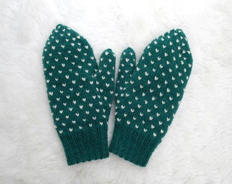 Green Thrummed Mittens Adult Small, Adult Medium 100% Wool