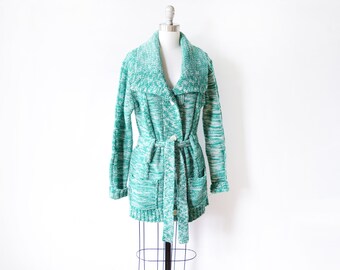 70s green cardigan, vintage 70s space dye sweater, green + white boho hippie 1970s belted cardigan, cable knit shawl collar, medium
