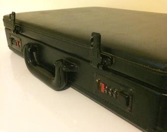 Vintage black leather attaché case, leather briefcase, briefcase with lock, hard shell case,