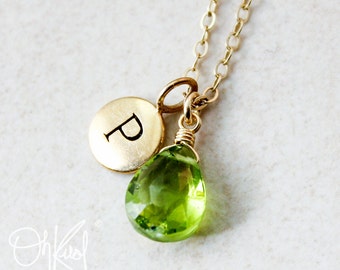 Gold Green Peridot Necklace - August Birthstone - Initial Necklace