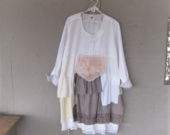 upcycled clothing tattered white shirt dress Lagenlook clothing Mori girl romantic Shabby chic 1 X prairie fun clothes LillieNoraDryGoods