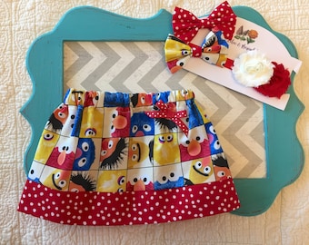 Sesame Street Skirt (ecru), red and white polka dot band skirt, birthday party outfit, girls skirt, skirt and bow set, Elmo skirt