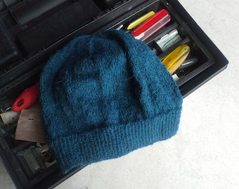 Men's Alpaca Wool Beanie Indigo Green Blue Light Thin Hand Knit Winter Hiking Skiing Snowboarding Gent's Hat (One Size - Made to Order)
