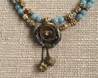 Etruscan brooch, beaded necklace, tassel pendant, blue stone necklace, Etruscan revival Victorian jewelry