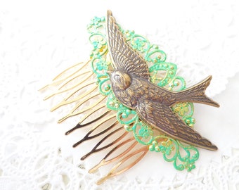 Gold Sparrow Hair Comb - Swallow Hair Comb - Ox Brass Bird Hair Comb - Woodland Hair Comb - Bridal Sparrow Hair Comb - Green Hair Comb