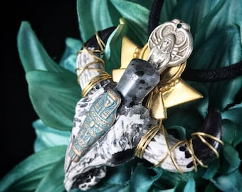No Death At All - Larvikite w / Vintage Adornments Enlightened Longhorn Necklace