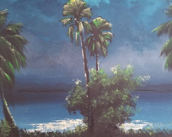 Original Painting Florida Landscape Art Tropical Painting Palm Tree painting Impressionism Small Coastal Moonlight Palms