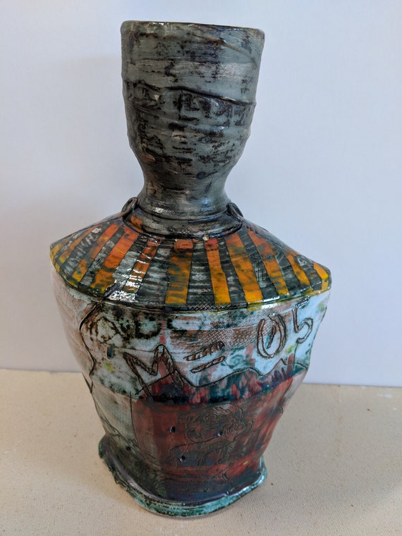 Handmade Ceramic Vase with Bee and Flowers